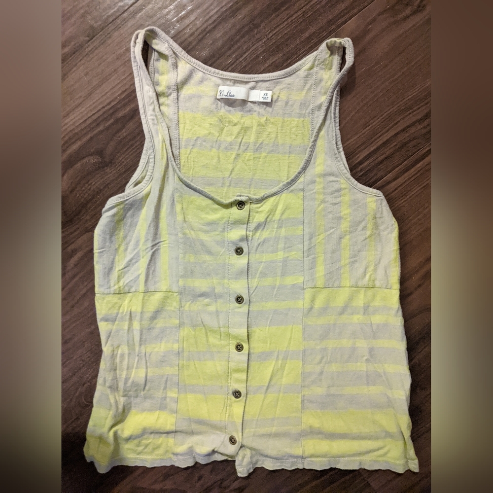 Madewell Hi-Line - Button-Up Racerback Tank Top | XS | Gray & Neon Yellow Stripe